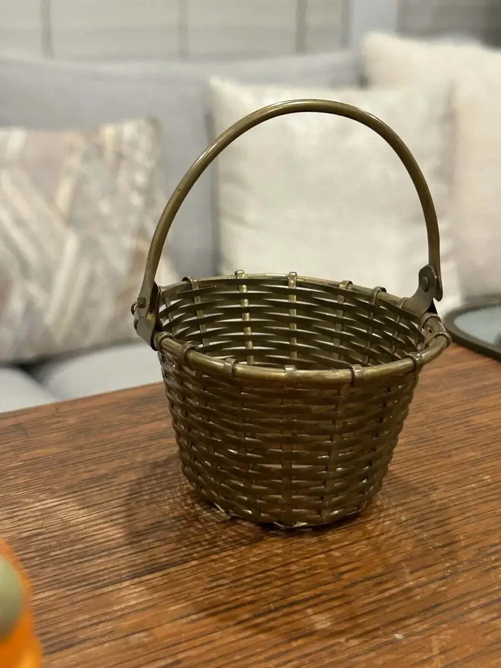 Vintage Small Woven Brass Basket with Movable Swivel Handle